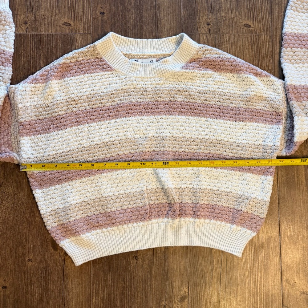 Hollister Striped Cropped Sweater Womens XS Pink Cream Tan Textured Knit Top - Picture 9 of 11